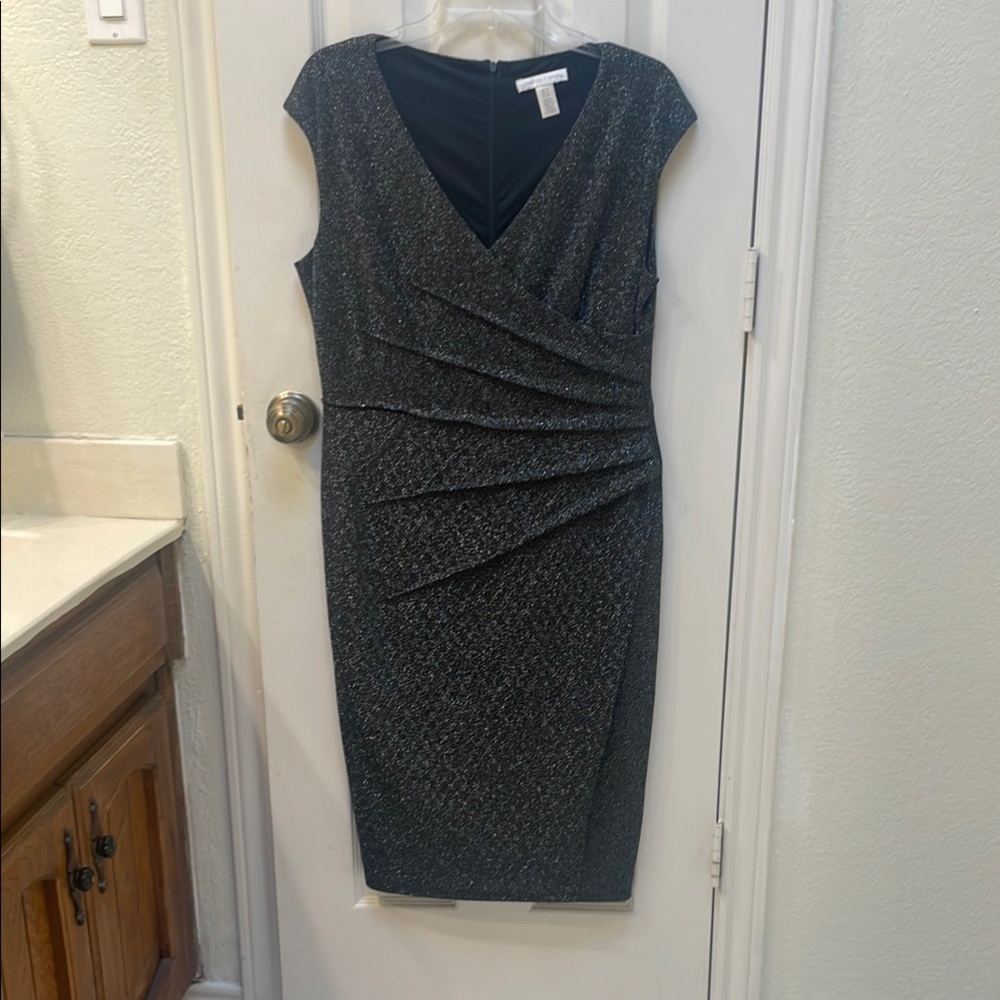 London Times Black Sheath Midi Dress V-Neck Sleeveless